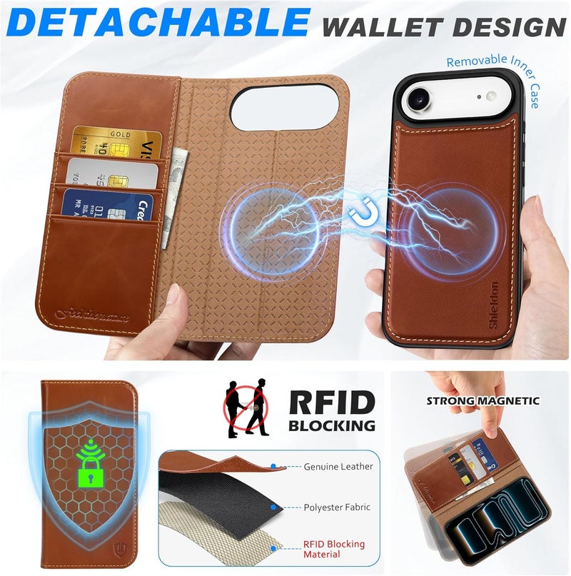 SHIELDON 2-in-1 Wallet Case for iPhone Air 6.5-inch 2025 | Genuine Leather, Wireless Charging, Detachable Magnetic Cover, RFID Blocking Card Holder, Kickstand, Shockproof - Retro Brown - Image 3